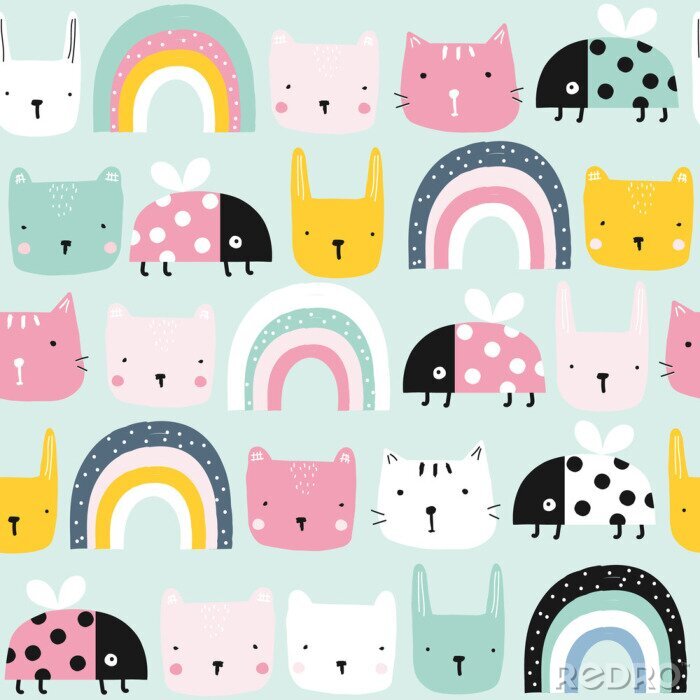 Papier peint à motif  Visages de chats colorés, arc-en-ciel et coccinelles