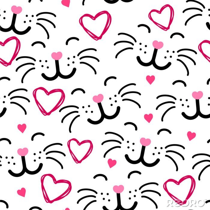 Papier peint à motif  Visages de chats et cœurs roses