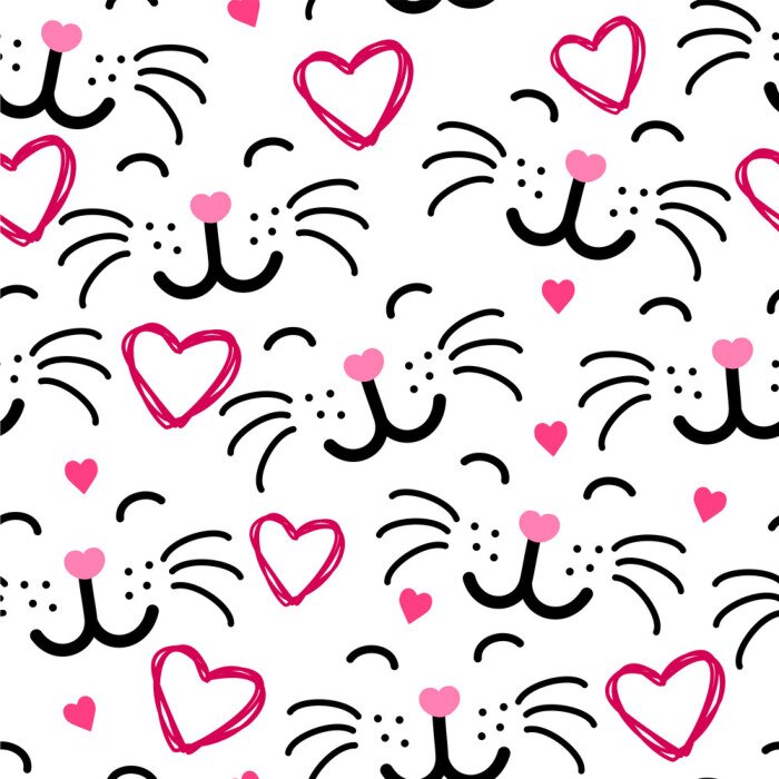 Papier peint à motif  Visages de chats et cœurs roses