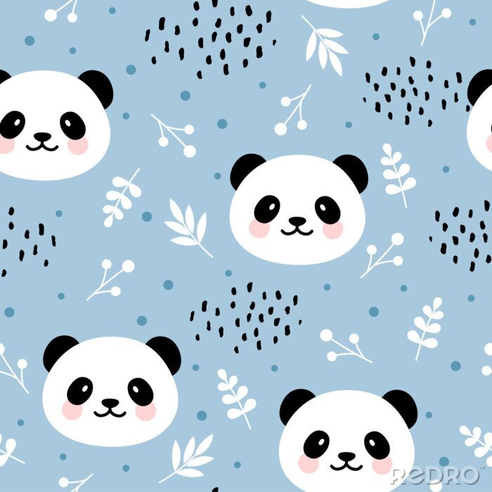 Papier peint à motif  Visages de panda souriant sur fond bleu