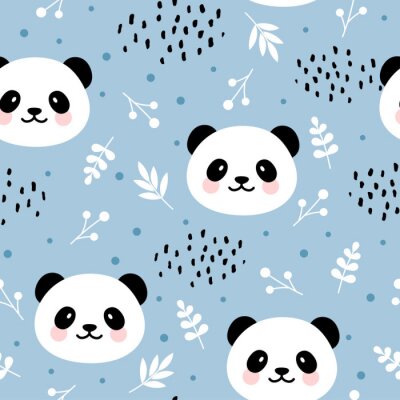 Papier peint à motif  Visages de panda souriant sur fond bleu