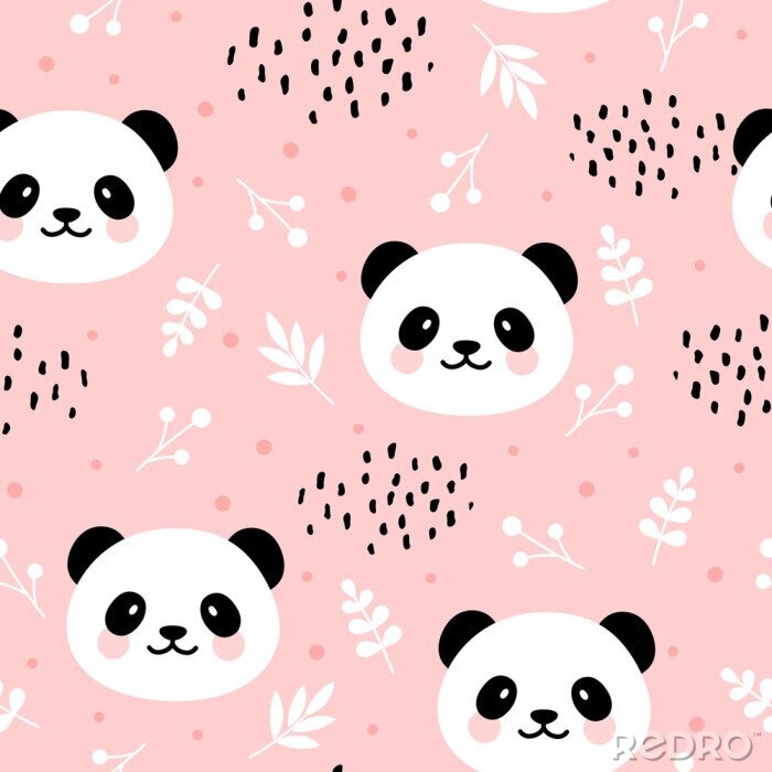 Papier peint à motif  Visages de panda souriant sur fond rose