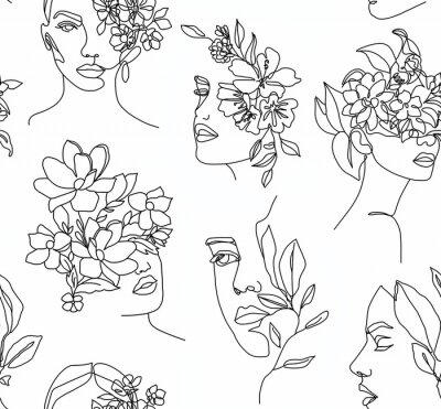 Visages féminins noirs et blancs avec des fleurs