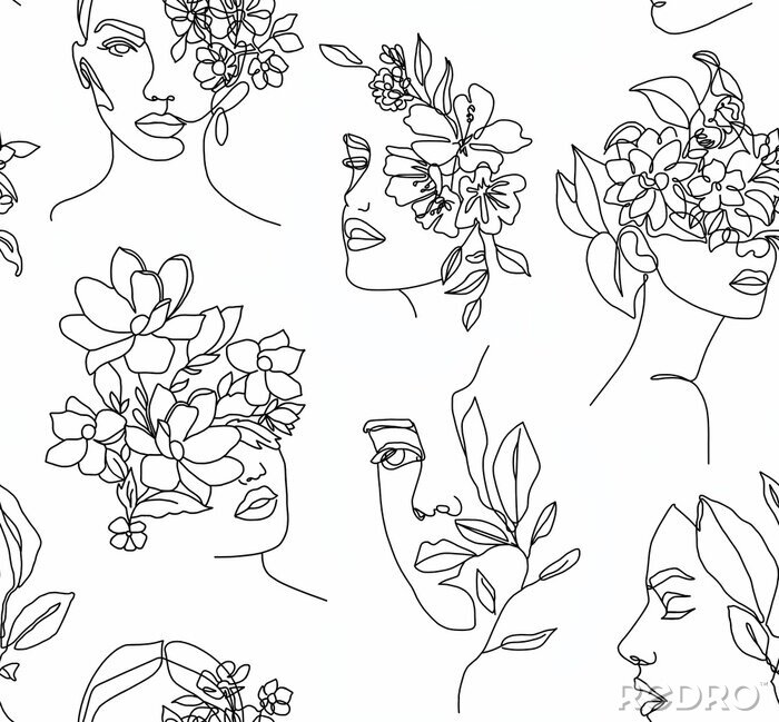 Papier peint à motif  Visages féminins noirs et blancs avec des fleurs