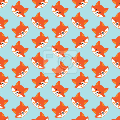 Papier peint à motif  Visages souriants de renards sur fond bleu