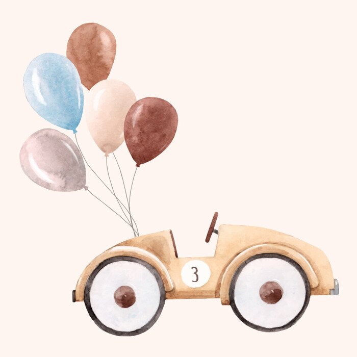 Papier peint à motif  Voiture jouet aquarelle avec des ballons