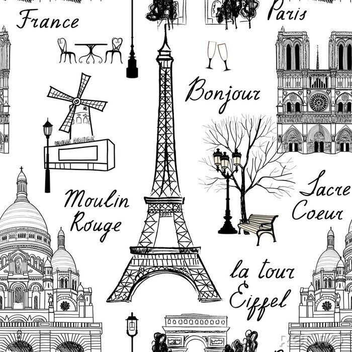 Papier peint à motif  Voyage Paris seamless pattern. Fond d'écran vacances en Europe. Voyagez pour visiter les lieux célèbres de France. Modèle grunge grunge carrelé.