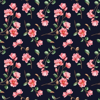 Papier peint à motif  Watercolor beautiful seamless  background. Magnolia flowers and leaves on dark texture. Hand painted illustration. Perfect for print, packaging, wallpapers, textile and much more