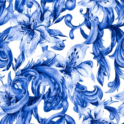 Papier peint à motif  Watercolor blue baroque seamless pattern with white royal lilies. Hand drawn blue scrolls, flowers, leaves.