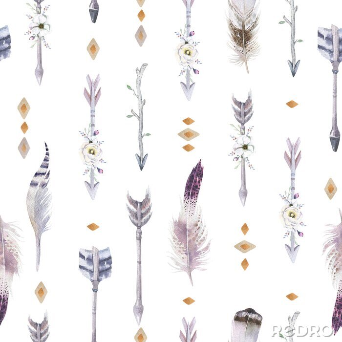 Papier peint à motif  Watercolor Boho seamless pattern avec teepee, flèches et plumes. Décoration tribale indigène. Conception ethnique azhât d'aurahawk ethnique. Fond d'écran d'aquarelle. Isolé sur blanc.