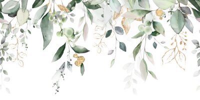 Watercolor botanic, Leaf and buds. Seamless herbal composition for wedding or greeting card. Spring Border with leaves eucalyptus