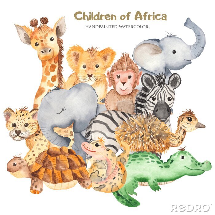 Papier peint à motif  Watercolor card with cute characters of African animals. Template for invitation, greeting card, party, baby shower, children's clothing and design.