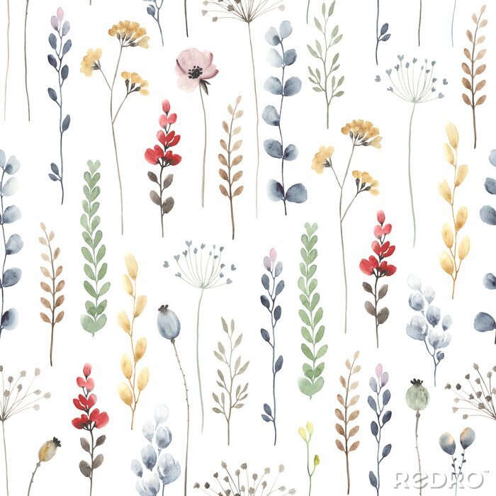Papier peint à motif  Watercolor floral seamless pattern with colorful wildflowers, leaves and plants. Illustration on white background in vintage style.