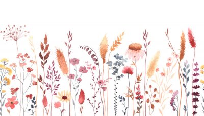 Watercolor floral seamless pattern with colorful wildflowers, plants and grass. Panoramic horizontal border, isolated illustration. Meadow in vintage style.