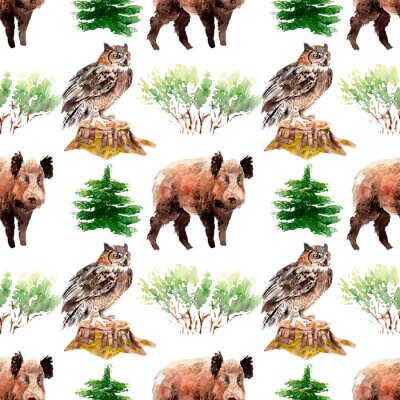 watercolor forest seamless pattern with animals and plants