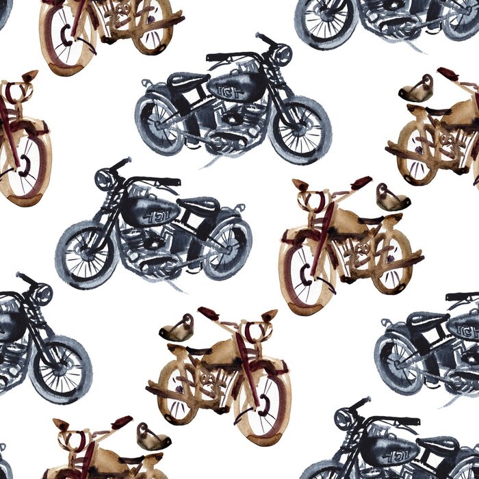Papier peint à motif  Watercolor hand drawn motorcycle illustration. Seamless pattern.