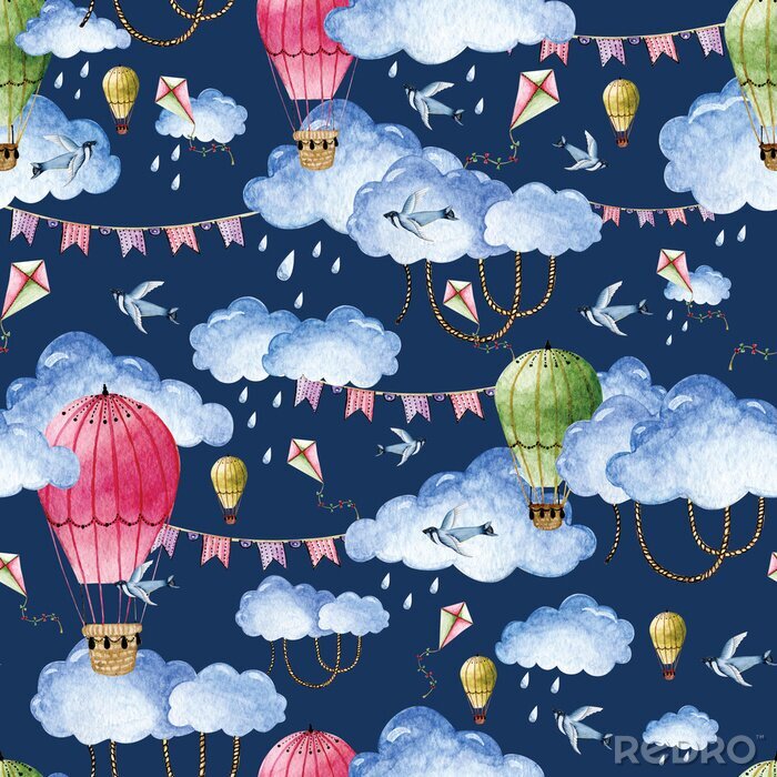 Papier peint à motif  Watercolor pattern with balloons and clouds
