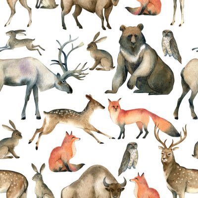 Watercolor realistic forest animal sketch. Seamles pattern about red fox, hare, brown bear, deer, elk, owl, bison, stag