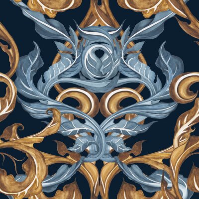Papier peint à motif  Watercolor Seamless damask wallpaper. Vintage luxury victorian ornament. Hand drawn leaves pattern, retro style, detailed illustration. Black background