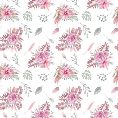 Papier peint à motif  Watercolor seamless pattern of floral elements on a white background Autumn boho dried flowers, tropical leaves, eucalyptus leaf and branch
