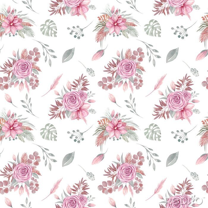 Papier peint à motif  Watercolor seamless pattern of floral elements on a white background Autumn boho dried flowers, tropical leaves, eucalyptus leaf and branch