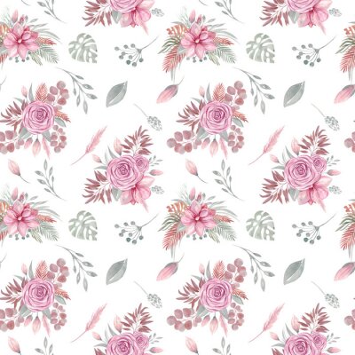 Papier peint à motif  Watercolor seamless pattern of floral elements on a white background Autumn boho dried flowers, tropical leaves, eucalyptus leaf and branch