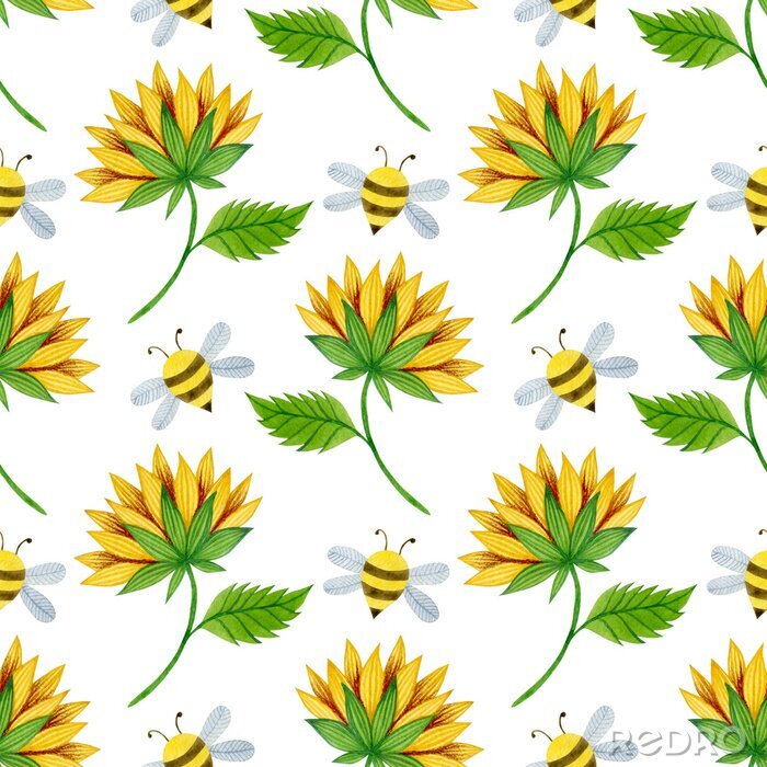Papier peint à motif  Watercolor seamless pattern of sunflowers and bees on a white background.
