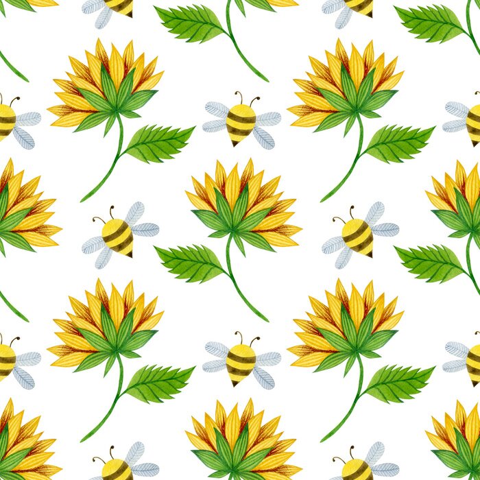 Papier peint à motif  Watercolor seamless pattern of sunflowers and bees on a white background.