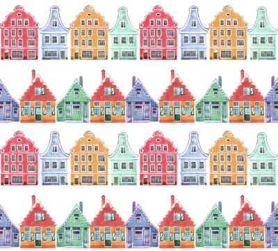 Papier peint à motif  Watercolor seamless pattern with colorful house. Houses from the Dutch village.  Hand drawn illustration.