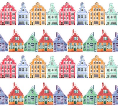 Papier peint à motif  Watercolor seamless pattern with colorful house. Houses from the Dutch village.  Hand drawn illustration.