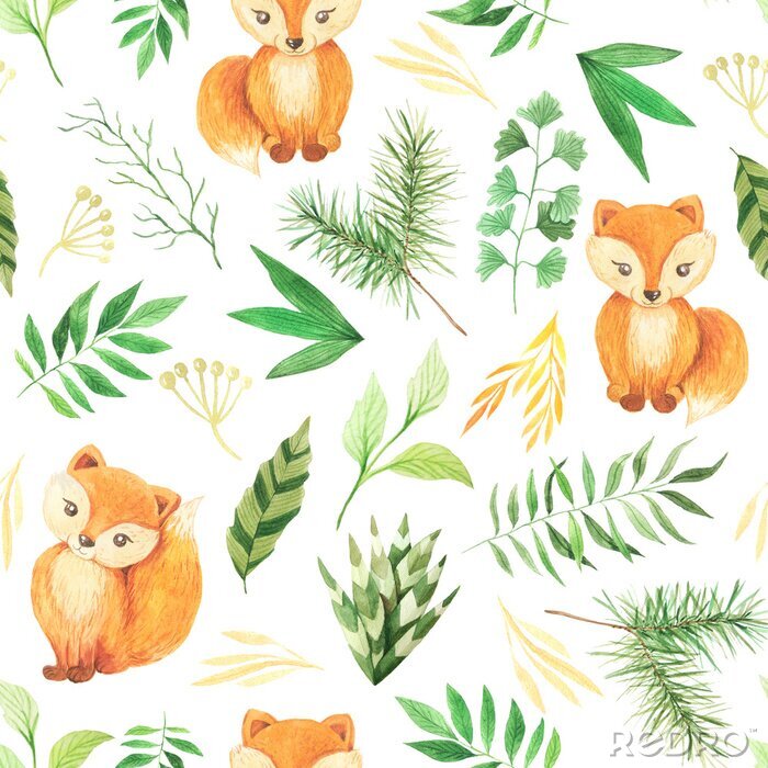 Papier peint à motif  Watercolor seamless pattern with cute foxes