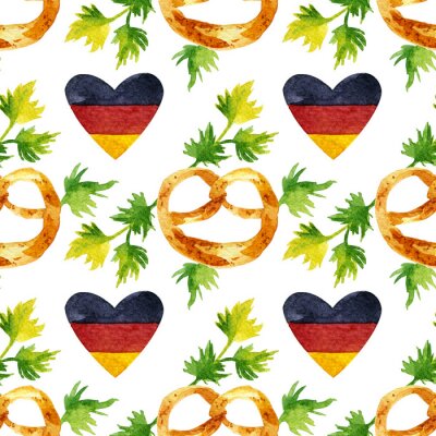 Papier peint à motif  Watercolor seamless pattern with hand drawn elements. Traditional Brezn pretzel, green leaves and German flag in heart shape on white background