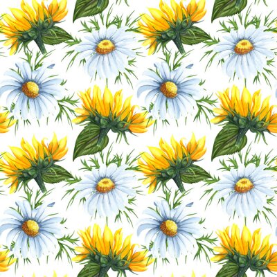 Papier peint à motif  Watercolor seamless pattern with sunflowers and chamomile flowers. Hand drawn beckground with wildflowers perfect for decorating textiles, packaging, wallpaper
