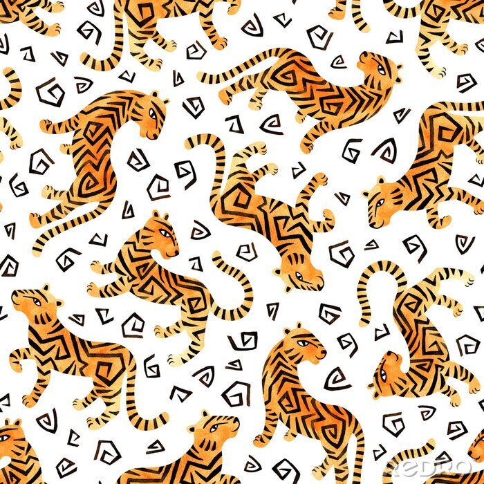 Papier peint à motif  Watercolor seamless pattern with tigers on white background. Hand painted raster illustration.