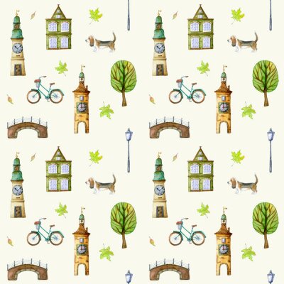 Papier peint à motif  Watercolor seamless pattern with vintage Amsterdam houses, turquoise retro bicycle, basset hound dog, bell tower and park trees.