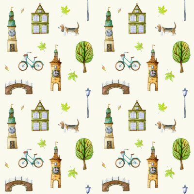 Papier peint à motif  Watercolor seamless pattern with vintage Amsterdam houses, turquoise retro bicycle, basset hound dog, bell tower and park trees.
