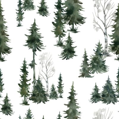 Papier peint à motif  Watercolor seamless pattern with winter trees. Spruce, birch, pine, Christmas tree. Nature background. Forest landscape.