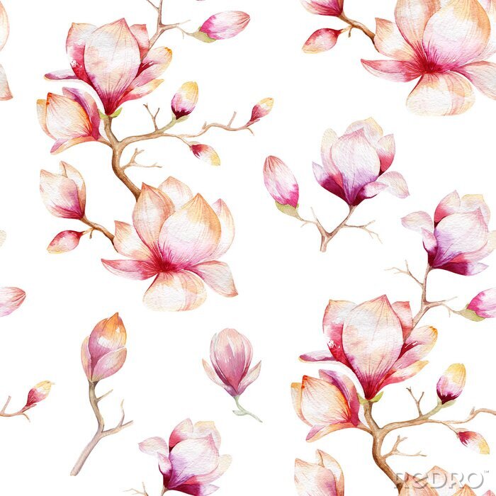 Papier peint à motif  Watercolor seamless wallpaper with  magnolia flowers, leaves.