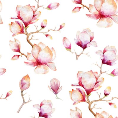 Papier peint à motif  Watercolor seamless wallpaper with  magnolia flowers, leaves.