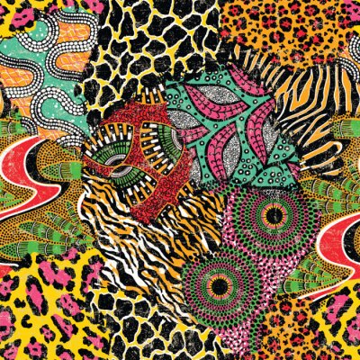 Papier peint à motif  Wild animal skins and traditional african fabric patchwork wallpaper abstract vector seamless pattern
