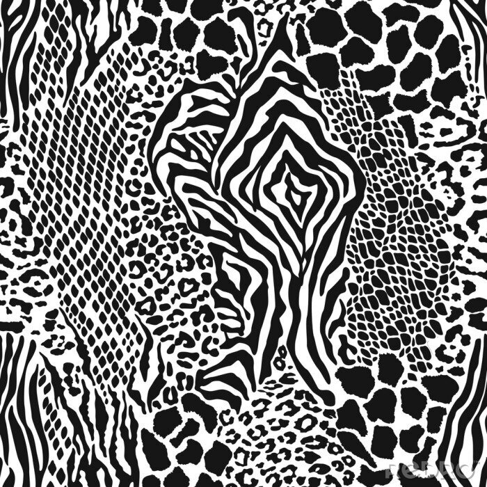Papier peint à motif  Wild animal skins patchwork camouflage wallpaper black and white fur abstract vector seamless pattern