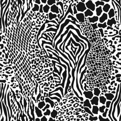 Papier peint à motif  Wild animal skins patchwork camouflage wallpaper black and white fur abstract vector seamless pattern