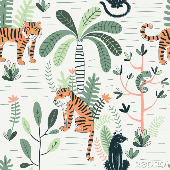 Papier peint à motif  Wildlife color vector seamless pattern. Panther and tiger background. Rainforest, jungle fauna, flora. Tropical plants, palms, flowers. Decorative animal textile, wallpaper, wrapping paper design