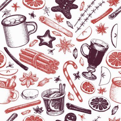 Papier peint à motif  Winter drinks vector seamless pattern. Hand drawn engraved style mulled wine, hot chocolate, spices illustrations. Vintage christmas background.