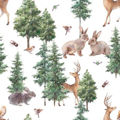 Papier peint à motif  Woodland seamless pattern. Watercolor forest repeating texture with wild animals and trees.