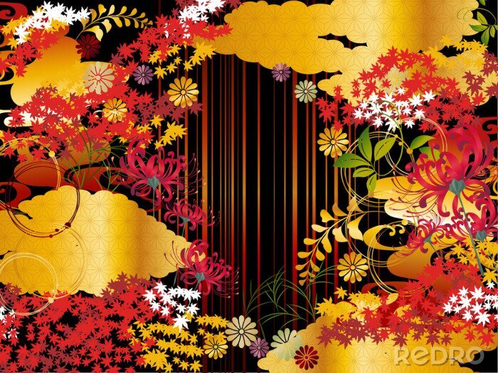 Papier peint à motif  秋紅葉金雲和柄背景素材