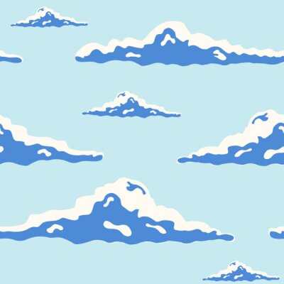Papier peint à motif  Beau motif sans couture avec des nuages ​​bouclés de taille différente dans un ciel bleu dessiné dans le style pop art. Contexte avec Cloudcape. Illustration vectorielle moderne pour papier peint, imp