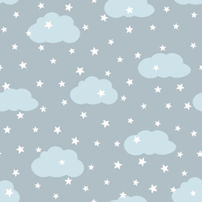 Papier peint à motif  Ciel avec des nuages ​​et des étoiles. Modèle sans couture pour les enfants.