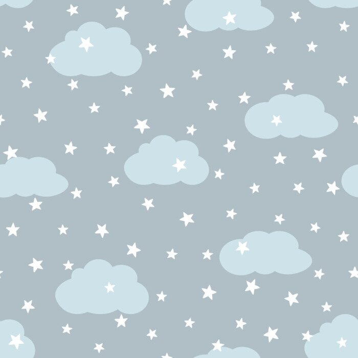 Papier peint à motif  Ciel avec des nuages ​​et des étoiles. Modèle sans couture pour les enfants.