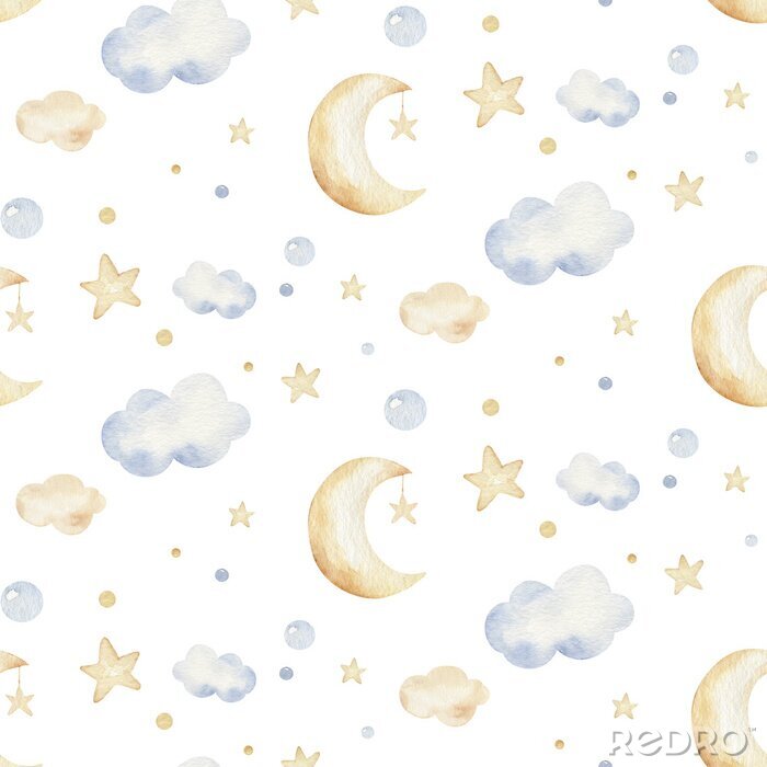 Papier peint à motif  Étoiles, nuages ​​et lunes aux couleurs pastel